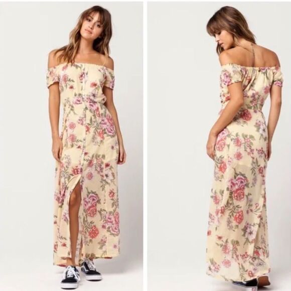 Billabong linger here yellow floral off the shoulder maxi dress size medium boho - Picture 1 of 16